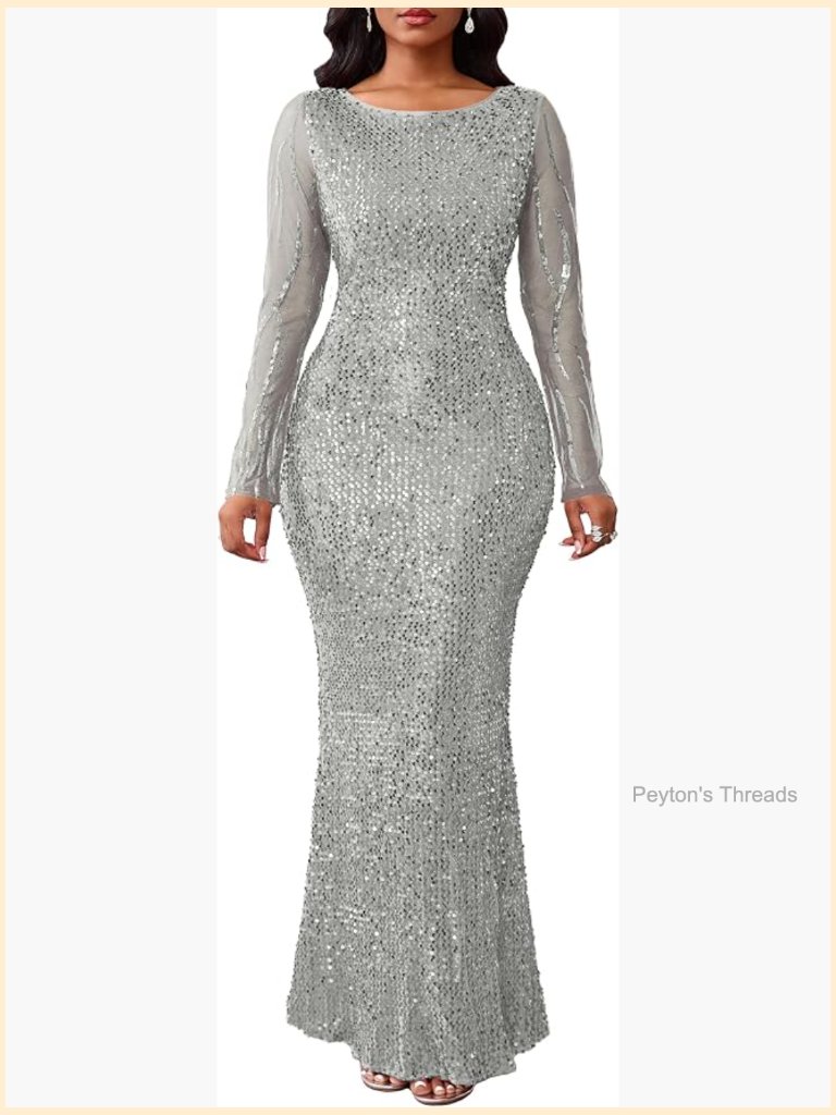 Sequins Bodycon Round Neck Long Sleeve Mermaid Maxi Dress Party Cocktail